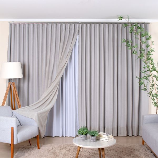 Cortina Wave de Tecido Linho Gaze Cinza com forro Blackout Gelo